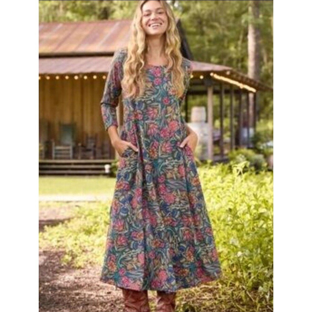 NATURAL LIFE Stella Teal Floral Maxi Dress with Pink Orange Long Sleeve Midi M
